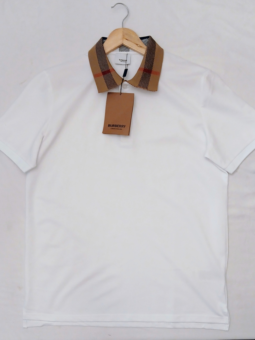 Burberry Cody Check Collar Cotton Piqué Polo Shirt White Men’s Size L NWT